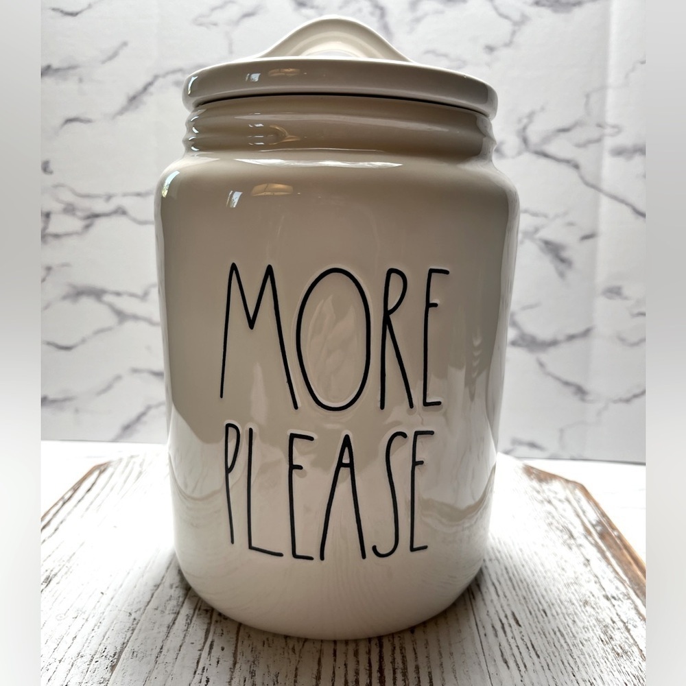 Rae Dunn By Magenta “MORE PLEASE” Canister-White w/Black Letters-Pre-owned, EUC